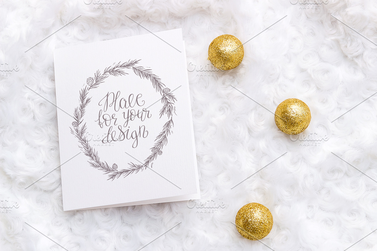 Christmas Mockup. Card, golden balls, a Product Mockup by Mockups4you