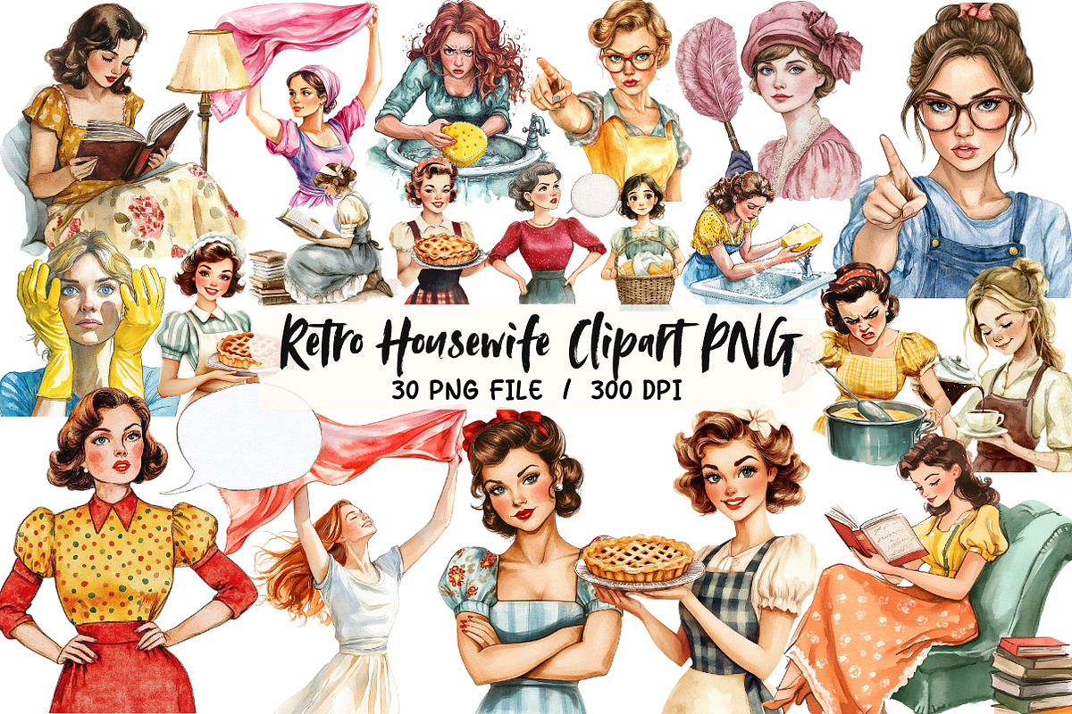 Retro Housewife Clipart PNG, an Illustration by Libby Wishes (Photo 1 of 6)