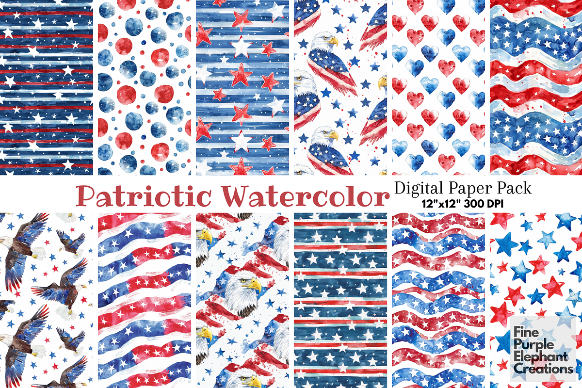 4th of July Watercolor Independence, a Pattern Graphic by Fine Purple Elephant (Photo 1 of 5)