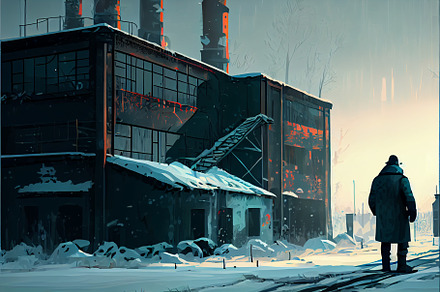 man looking at abandoned factory in a cold winter