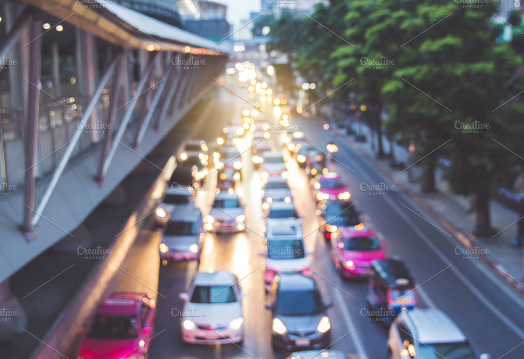 Defocused lights car in the road., a Transportation Photo by Nednapa