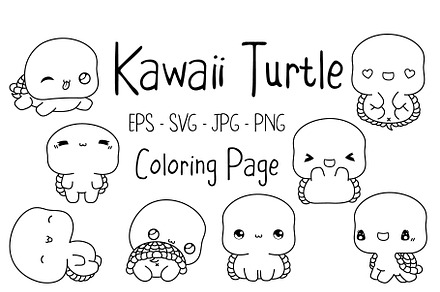 Kawaii Turtle Set Coloring Page