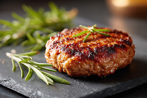 Grilled patty served on a slate plate with fresh herbs for a delicious meal exp, a Photo by AlyaAnd