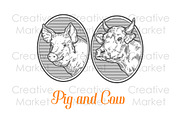 Cow and Pig hand drawn illustration, an Animal Illustration by Sketch Seven Shop (Thumbnail 3 of 3)
