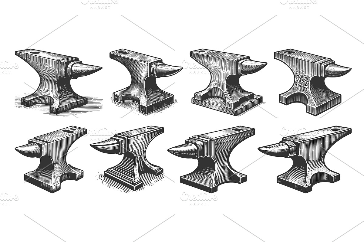 Blacksmith Anvils engraving set, an Illustration by AlexArt