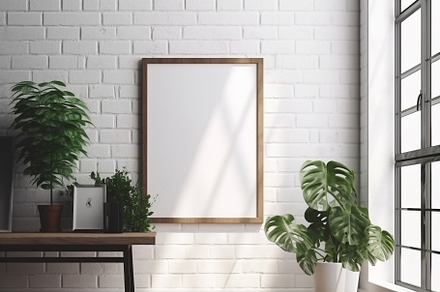 Minimalist home interior with wooden chair, desk, and blank fram, a Photo by Dvoevnore photos