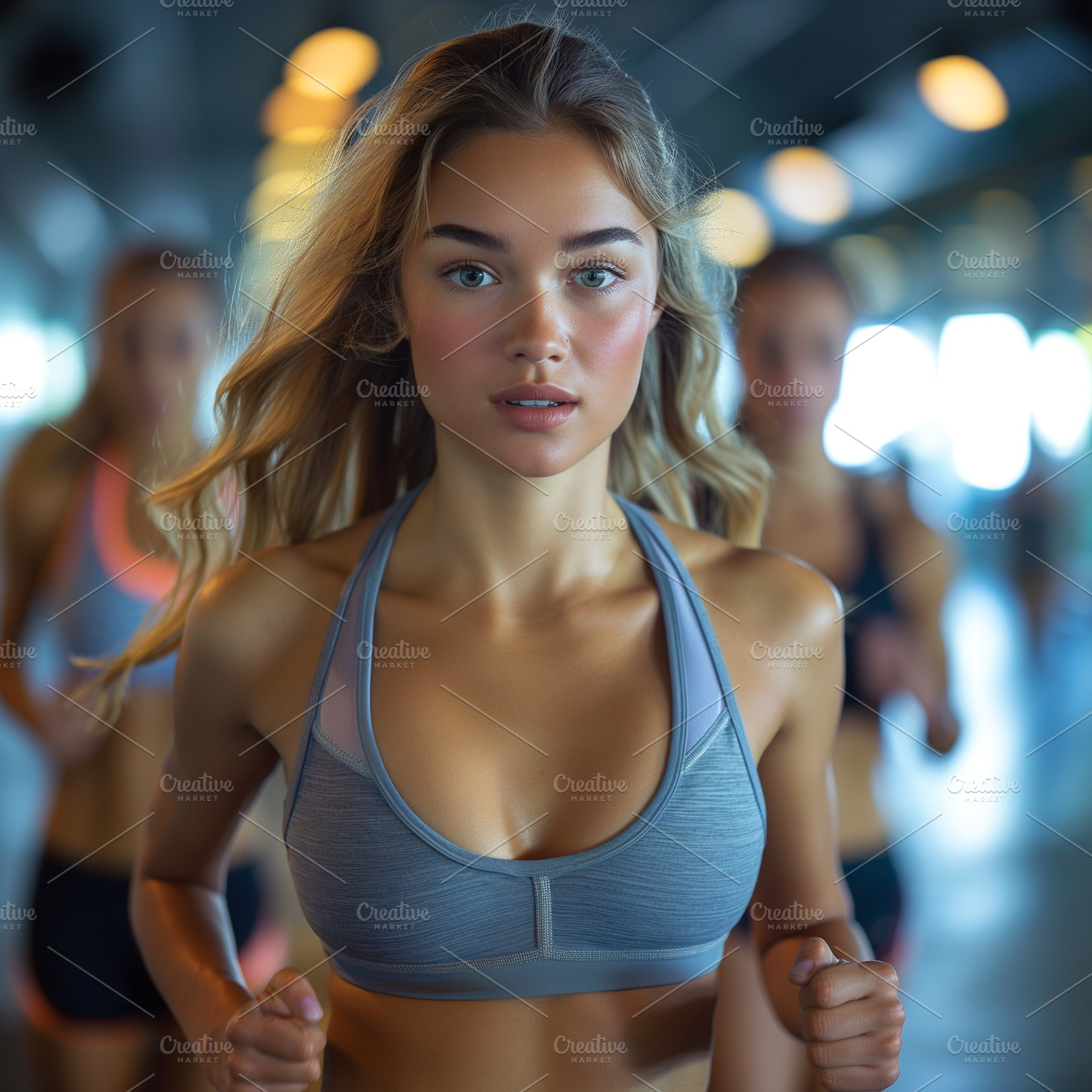 A focused young woman with long blonde hair runs in a gym, exemplifying strengt, a Person Photo by ImageMir