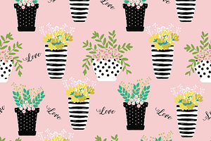 Cute Girl Vector And Flower Pattern