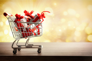 Gift shopping concept with shopping cart full of gift packages, a Holiday Photo by Davizro's Market