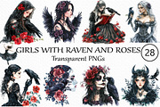 Gothic Girls with raven and roses, an Illustration by Craft Nest (Thumbnail 1 of 5)