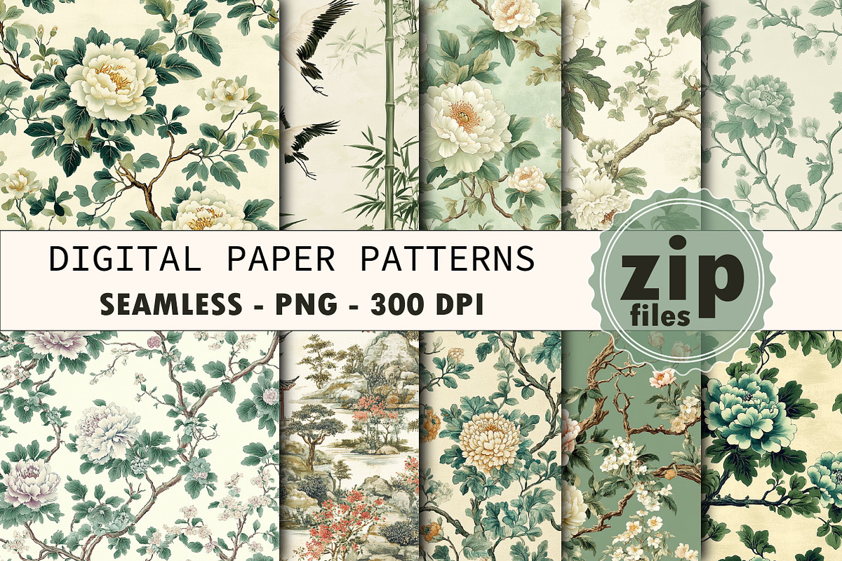 Green Chinoiserie Digital Paper, a Texture Graphic by CitraGraphics (Photo 1 of 9)