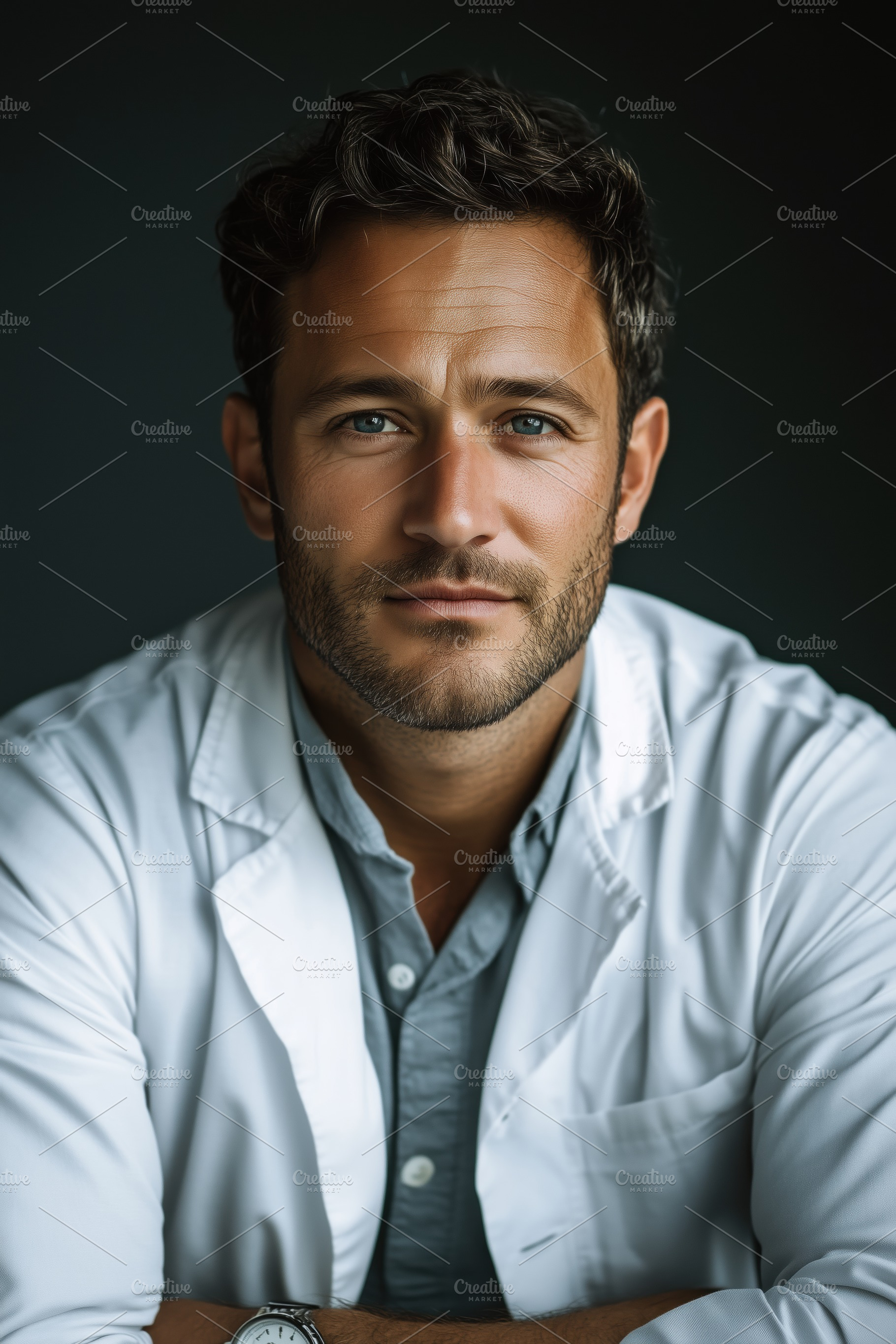 A confident male neurosurgeon doctor in a white lab coat, sitting with arms cro, a Person Photo by Textures & Backgrounds