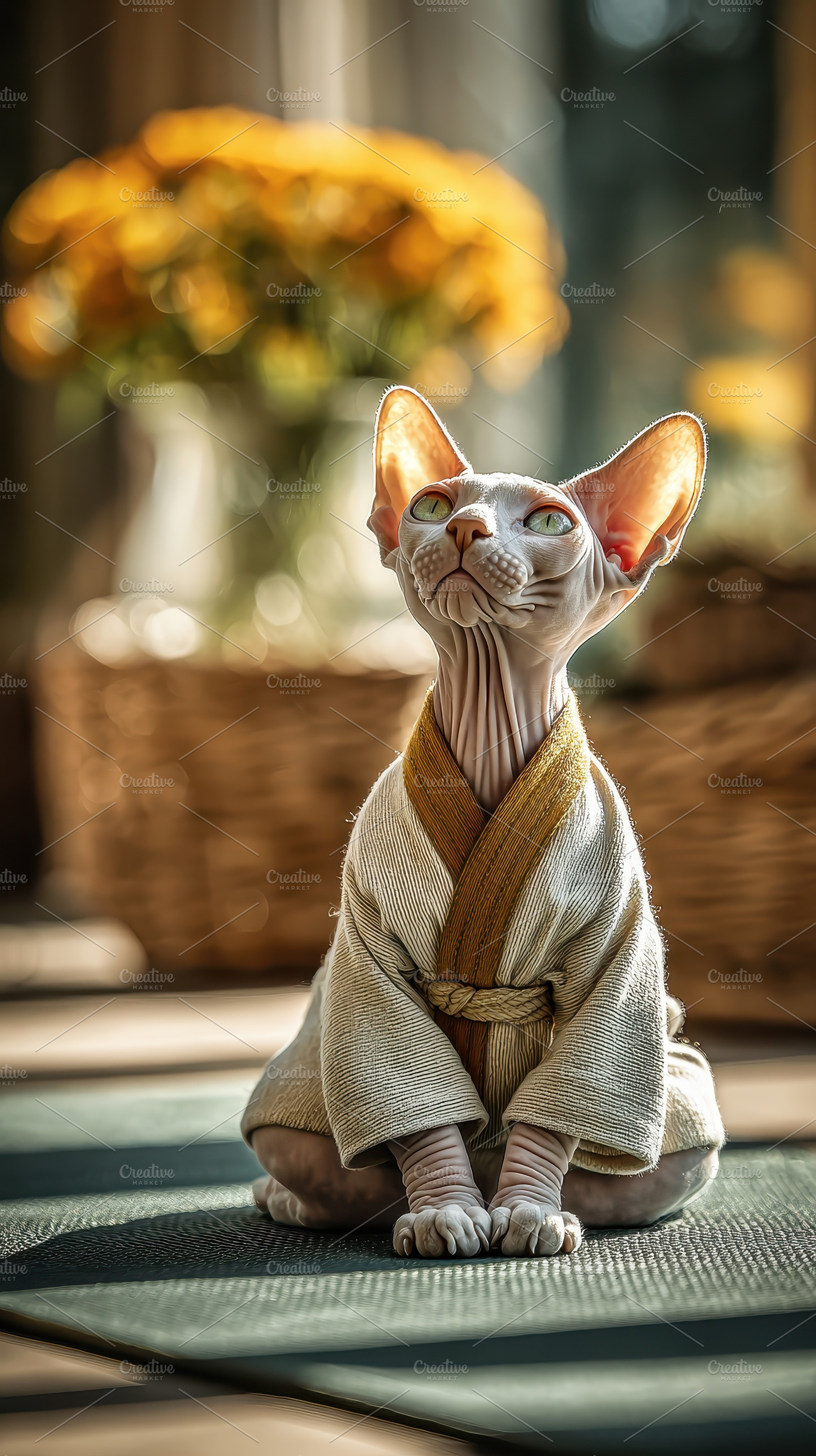 Sphynx cat in kimono meditating on m, a Photo by Pixeness Studio