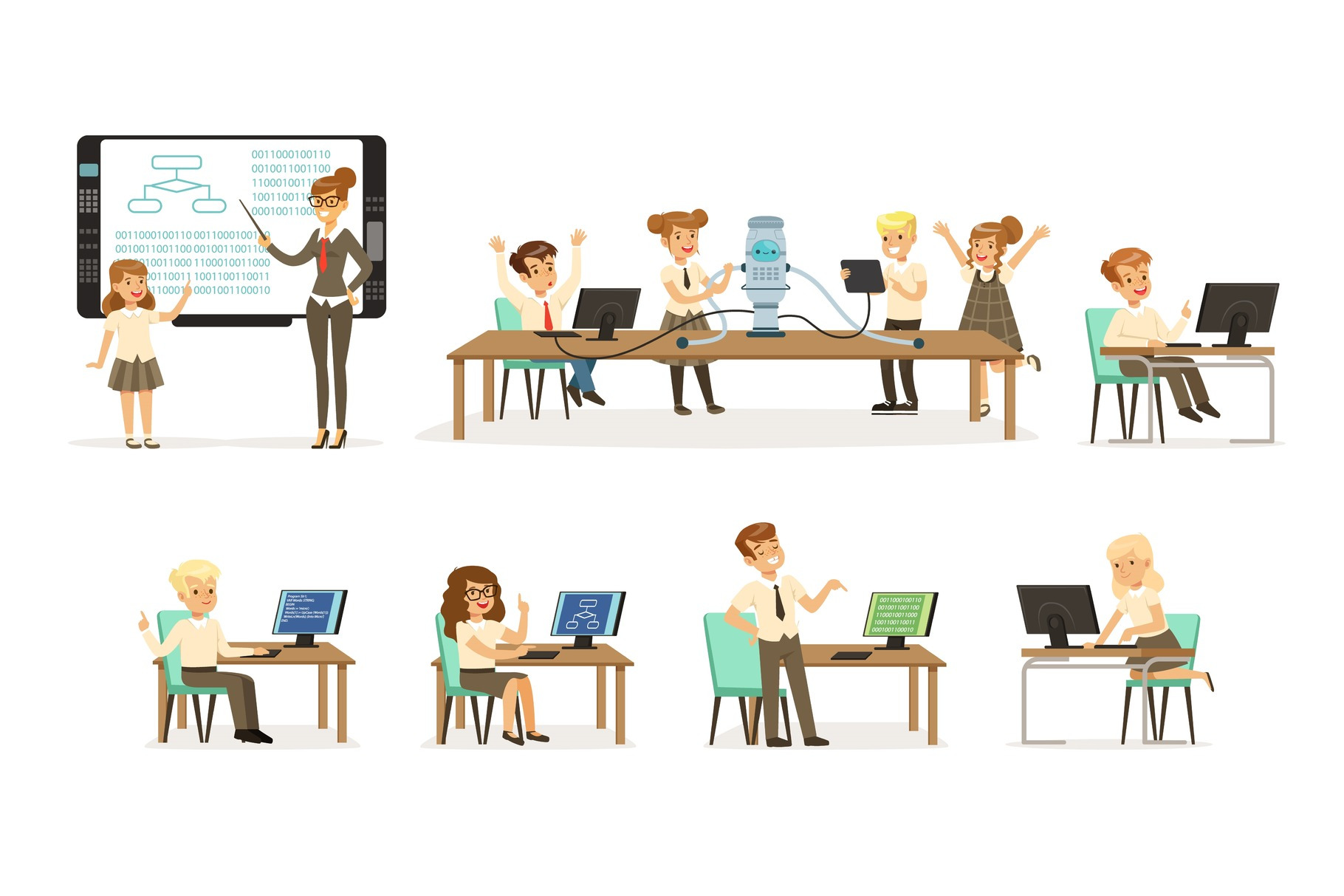 School children at the informatics and programming lesson set, teacher ...