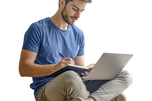 Student sitting with a laptop and notebook isolated photo, a Person Photo by DanFLCreativo