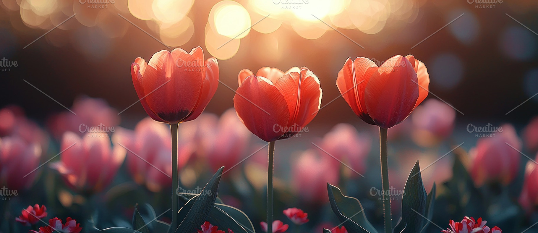 Three red tulips glowing in soft golden sunlight during sunset i, a Nature Photo by José Manuel Gelpi