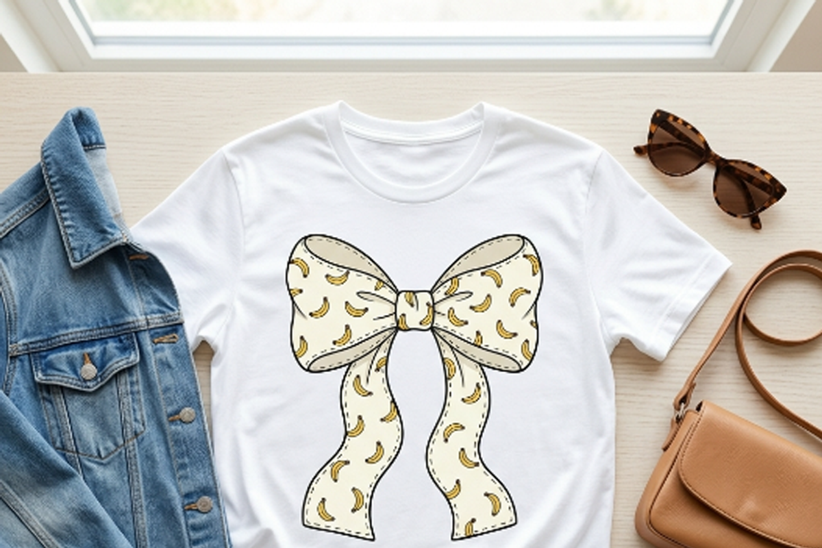 Banana Pattern Coquette Bow PNG, a Shirt Mockup by Vector Stall (Photo 7 of 16)