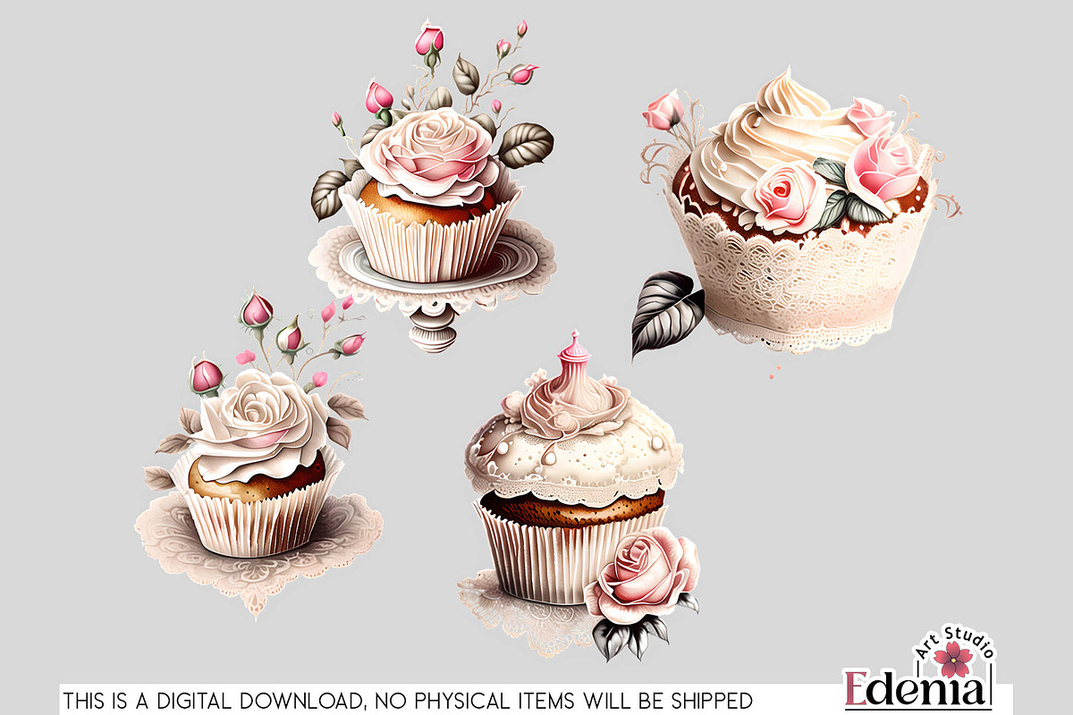 Vintage Romantic Cupcakes Cliparts, a Food Illustration by EdeniaArtStudio (Photo 3 of 5)