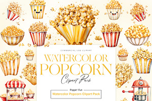 Watercolor Popcorn Clipart, Popcorn