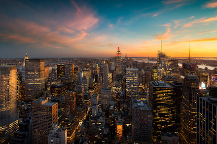 Colorful sunset over manhattan containing new, york, and manhattan, an Architecture Photo by inigocia