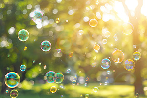 Rainbow soap bubbles on blurred green background, a Photo by AlyaAnd