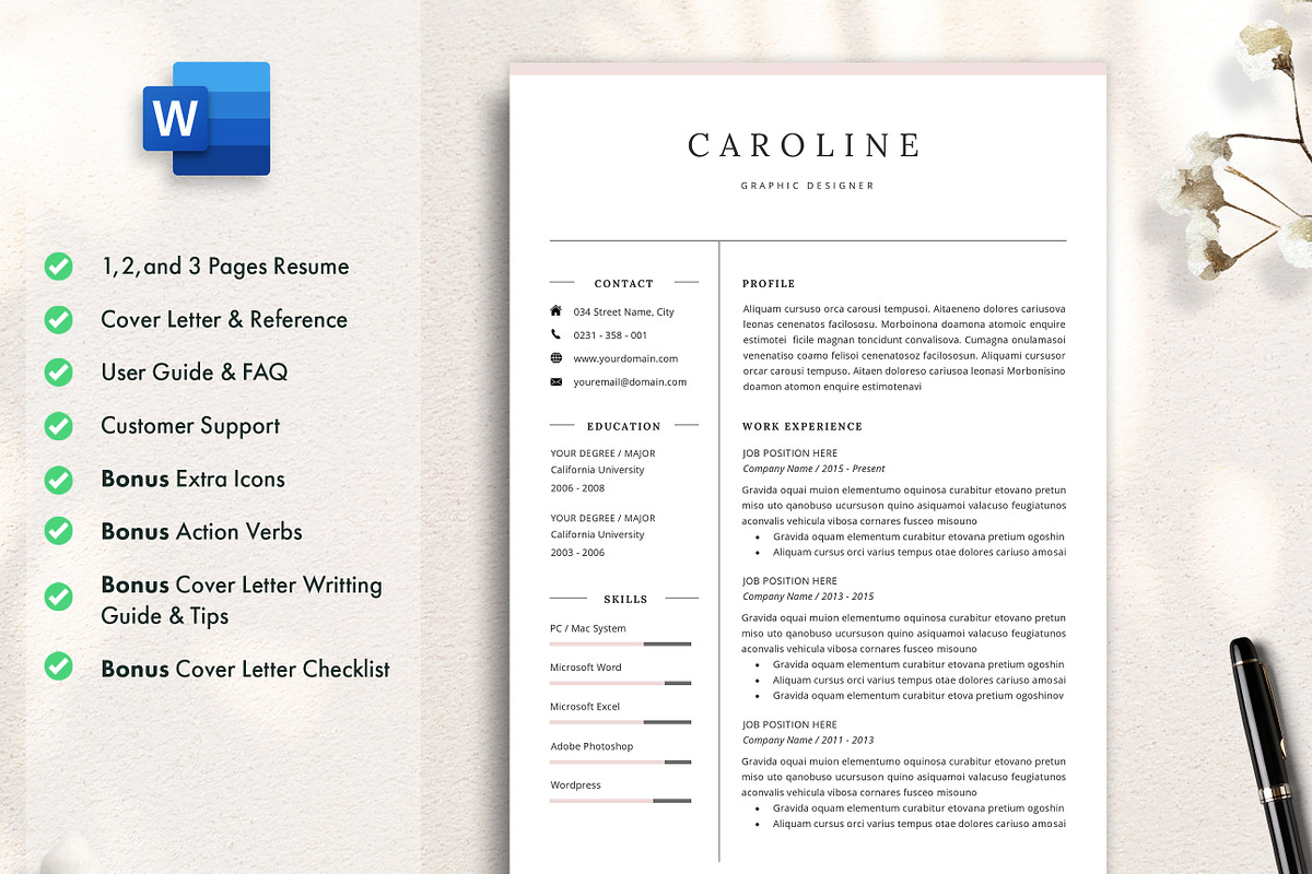 Professional Resume CV Template DOCX, a Resume Template by GResume (Photo 2 of 10)