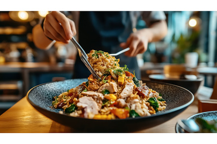 Chef preparing a dish of fried rice, a Food & Drink Photo by Sergey Kotenev