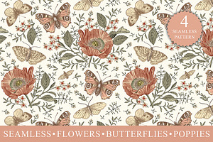 Seamless Butterflies Poppy Poppies