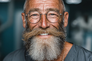 Senior dentist portrait smiling with full beard and glasses in a modern dental, a Photo by AS photostudio
