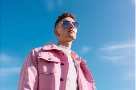 Model man pink jacket blue sky, a Person Photo by Ylivdesign