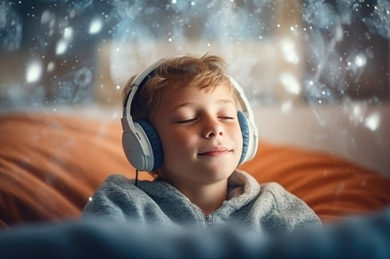 Adolescent boy listening to music with fun headphones in his roo, a Person Photo by designvectx