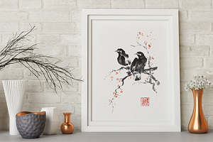 Two crows sumi-e painting