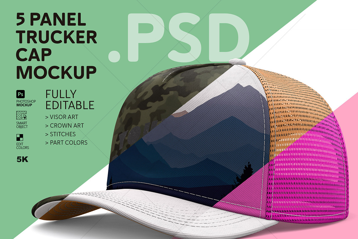 Fully Editable 5-Panel Hat PSD, a Hat Mockup by LESZ Design (Photo 1 of 7)