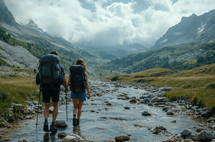 Hikers Trekking Mountain River Valle, a Background Photo by Pixeness