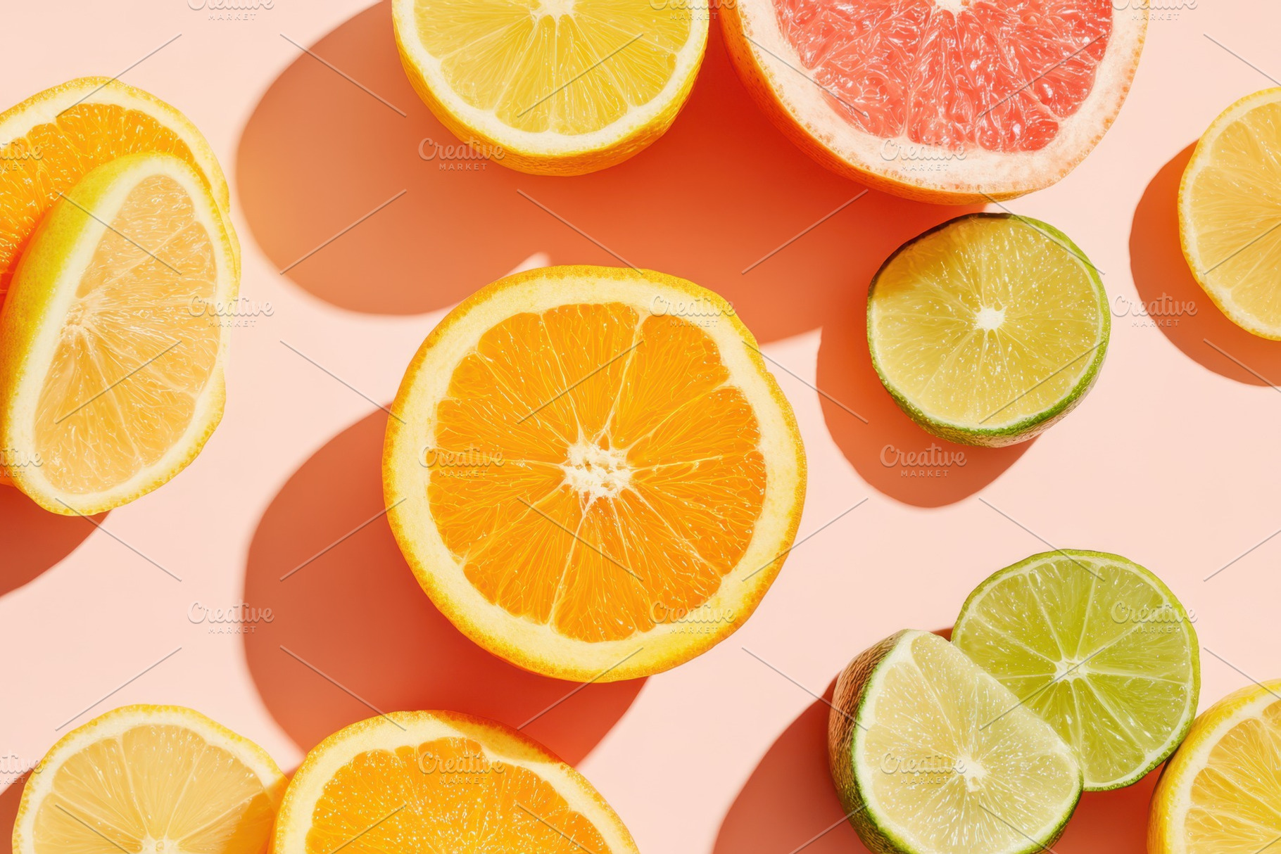 Sliced citrus fruits on pink background, a Food & Drink Photo by AlyaAnd