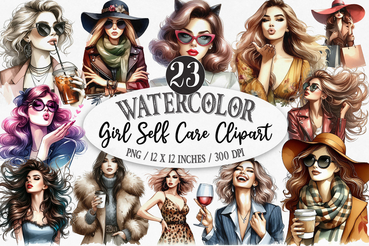 Girl Self Care Watercolor Clipart, an Illustration by Designking (Photo 1 of 5)