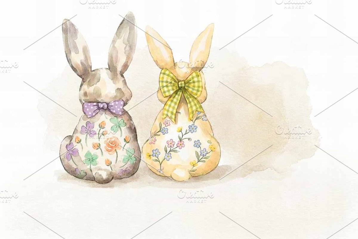 Watercolor Easter Bunnies Love, an Illustration by VetalStock (Photo 1 of 3)
