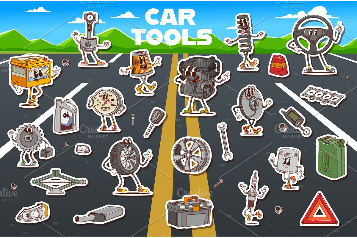 Groovy car spare parts characters, an Object Illustration by Vector Tradition