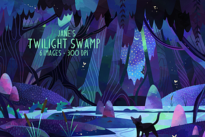 Watercolor Twilight Swamp Clipart