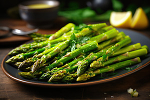 Baked asparagus with spices and lemon slices on wooden background, a Food & Drink Photo by AlyaAnd