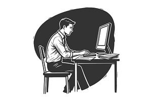 Man Working at Desktop Computer, a Person Illustration by AlexArt