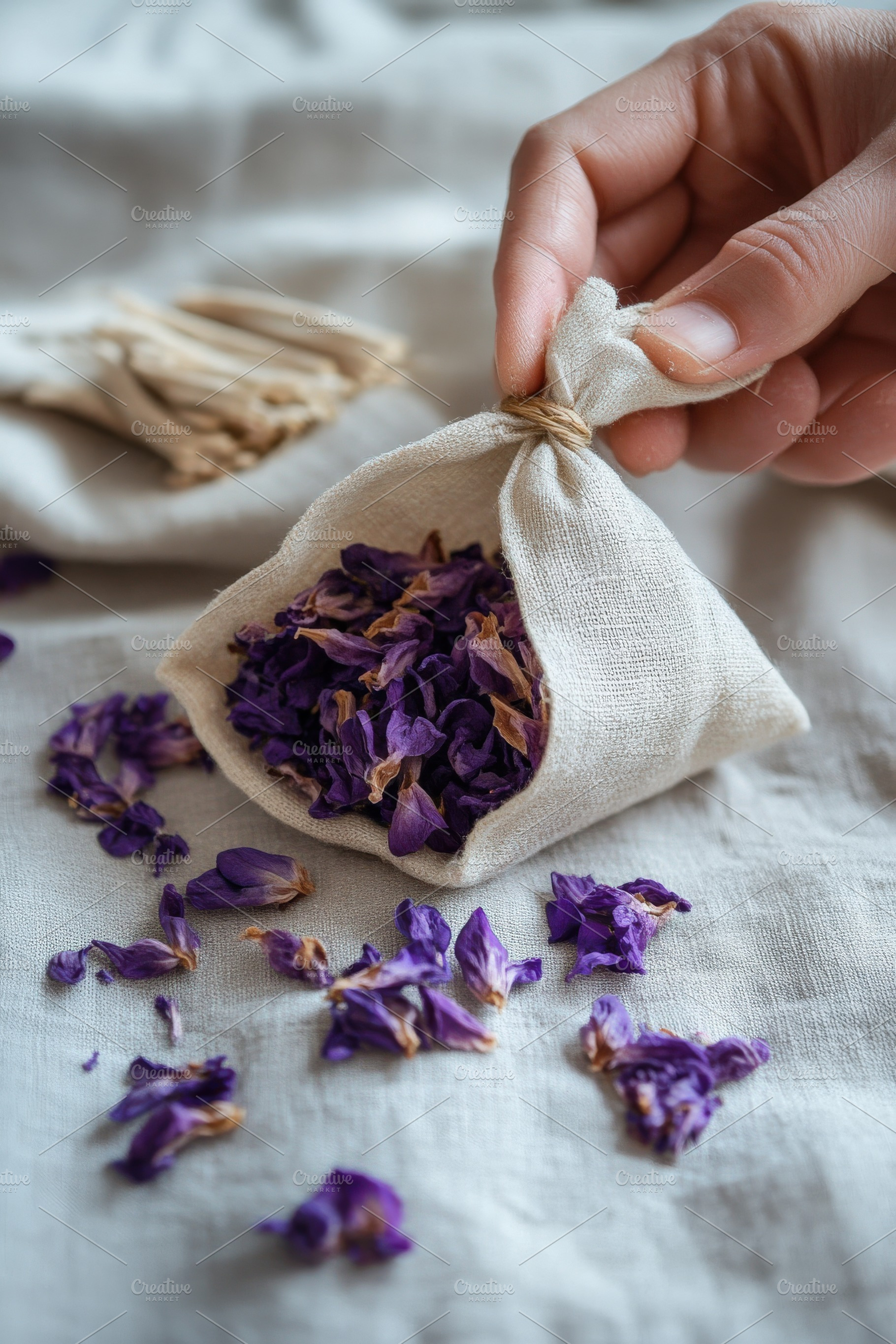 Hand Placing Dried Petals in Sachets, a Beauty & Fashion Photo by Virgo Studio