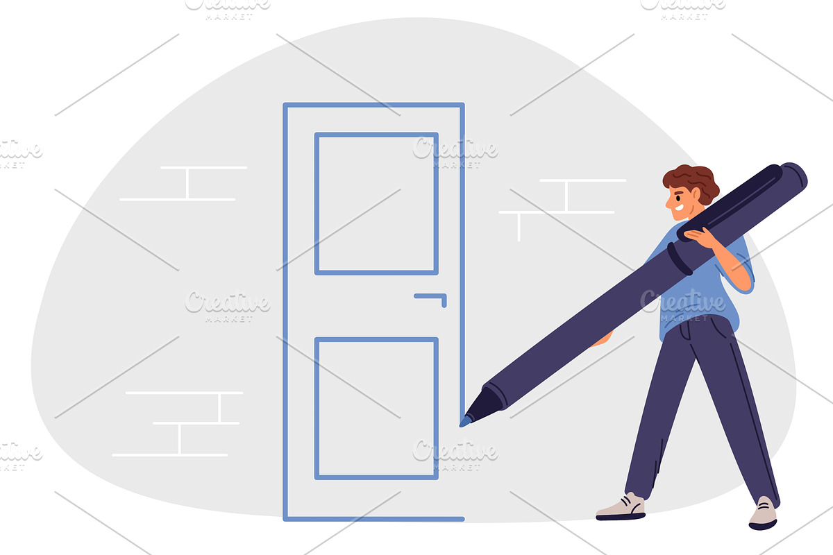 Man draws door on wall with pen, a Person Illustration by Vectorbuum