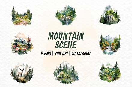 Mountain Scene Watercolor Clipart, a Wallpaper Graphic by New-School-Wave