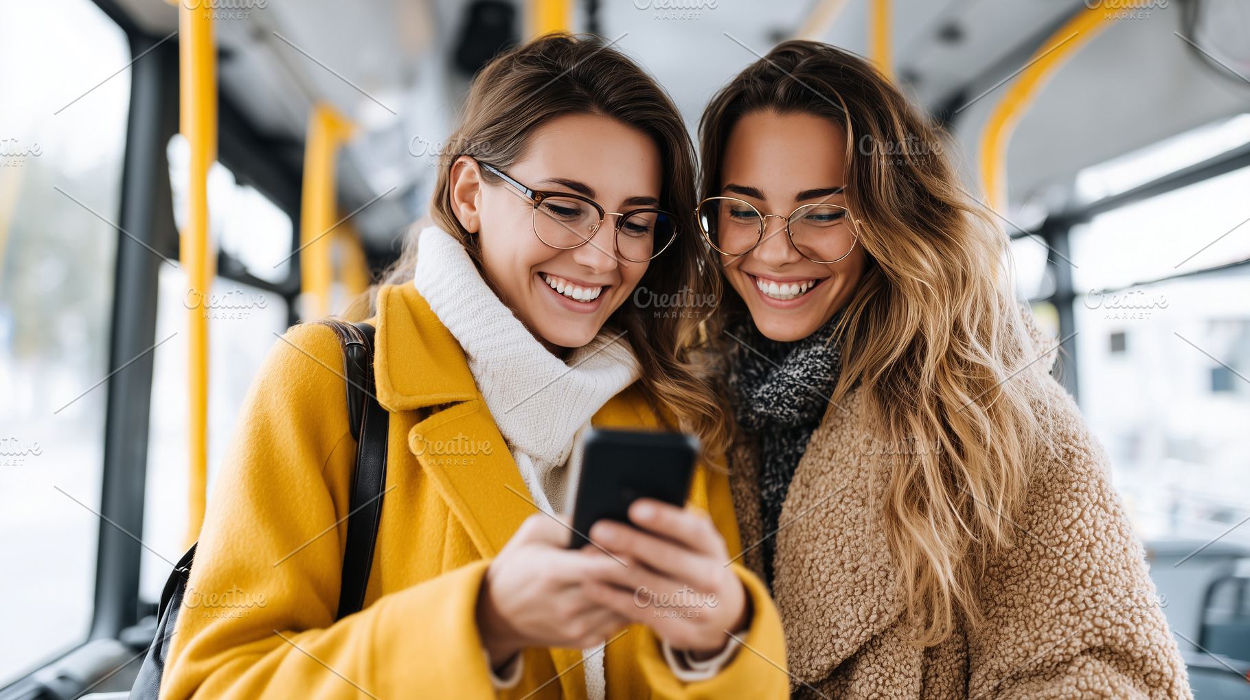 Two smiling young women in stylish, a Transportation Photo by MistyDay