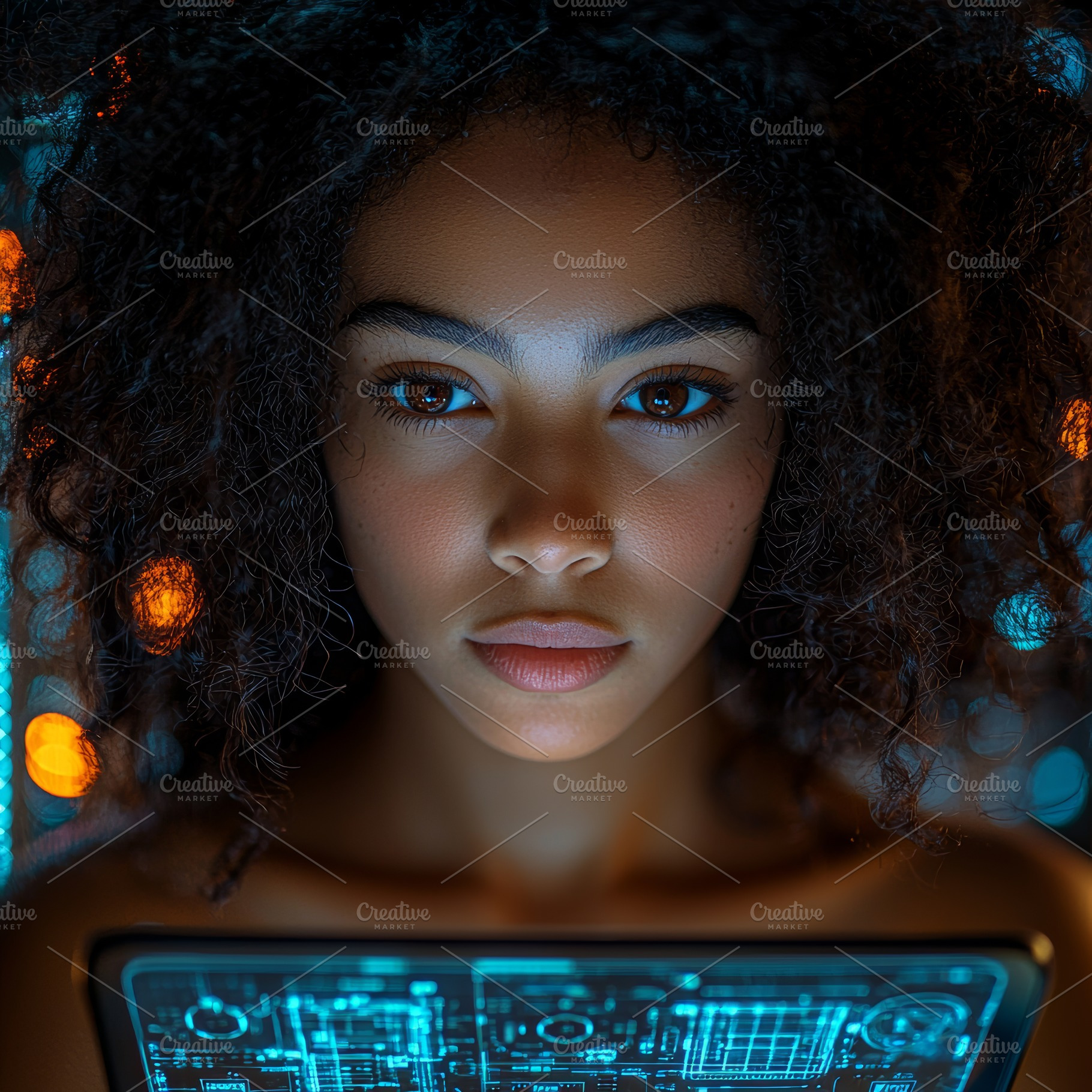 Portrait of a woman holding a futuristic tablet with digital technology display, a Photo by AS photostudio