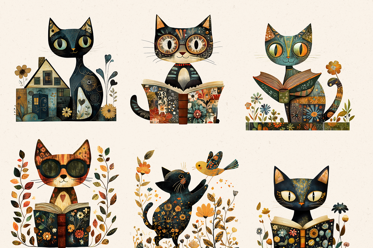 FOLK ART CAT CLIPART PACK, an Animal Illustration by Daring Digies (Photo 5 of 8)