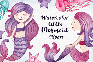 Watercolor little mermaid clipart, an Illustration by PassionPNGcreation
