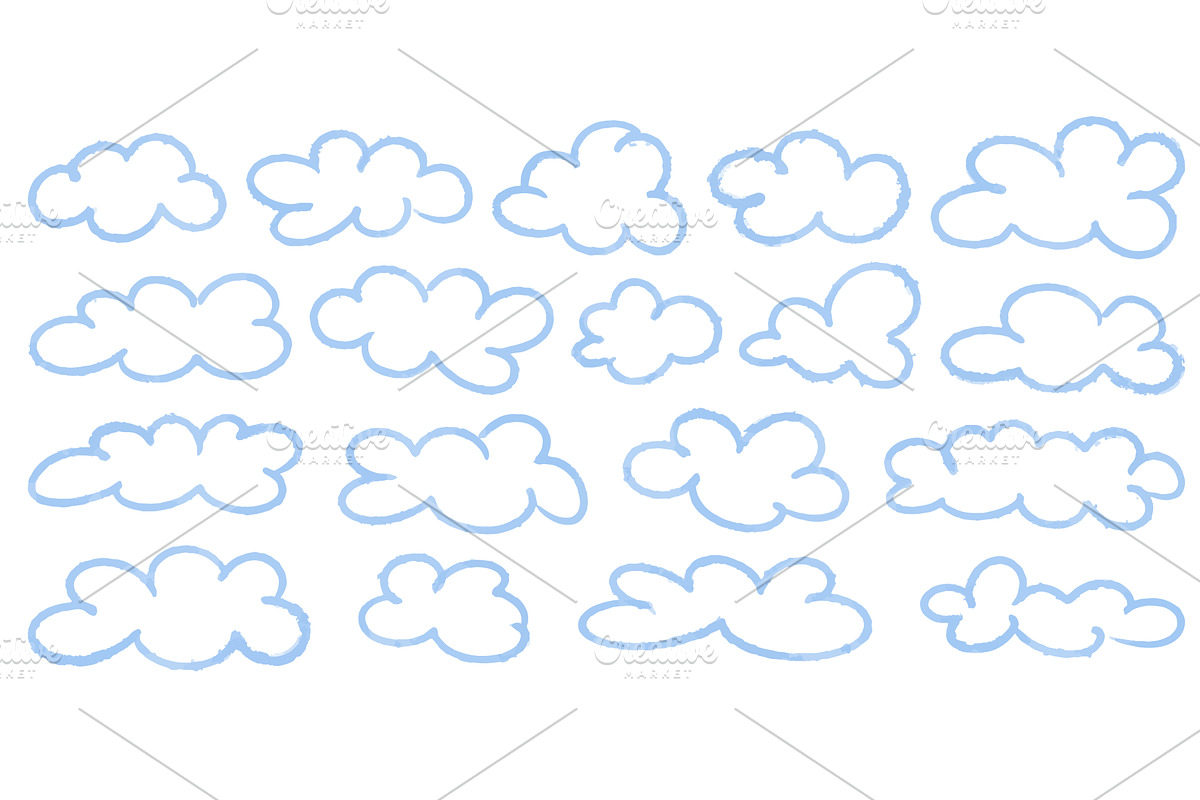 Set of light blue watercolor clouds, an Illustration by Tati_Kli