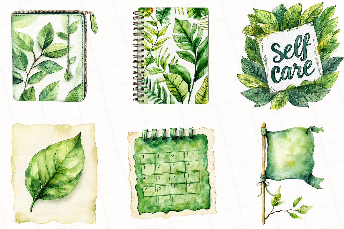 Watercolor Green Planner Clipart, an Illustration by OK Design (Photo 2 of 5)
